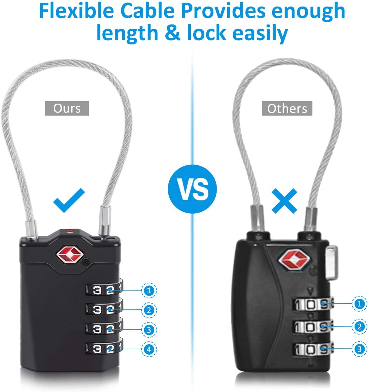 Combination Padloc TSA Approved Cable Luggage Locks 4 Pack with Zinc Alloy Body 